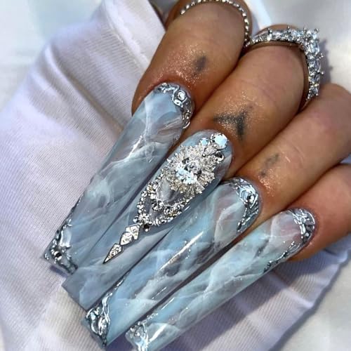 FRUJCDKI Real Gel Handmade Glossy Luxury Marbled Diamond Press On