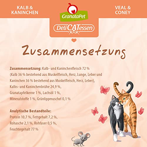 GranataPet Delicatessen Kalb & Kaninchen, 6 x 800 g, Nassfutter für Katzen, Katzenfutter für Feinschmecker, Futter ohne Getreide & ohne Zuckerzusätze