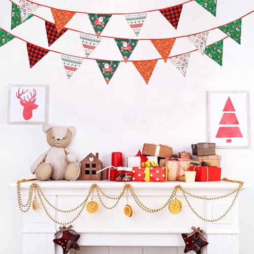 Image of Zwiebeco 32Ft Red Green Christmas Pennant Banner Triangle Flags Fabric Bunting Garland Red-Black Plaid Checkered Cotton Flag for Xmas Birthday Wedding Christmas New Year Party Home Garden Decorations