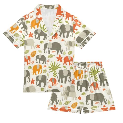 Cartoon Colored Cute Elephants Summer Satin Pajama Set, Cute Button-Down Sleepwear Pj Set for Sleep Wears