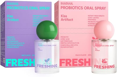 Spray oral probiótico, combo de sabor a menta y melocotón, espray de aliento con prebióticos y probióticos, frescura duradera, sin alcohol, cómodo