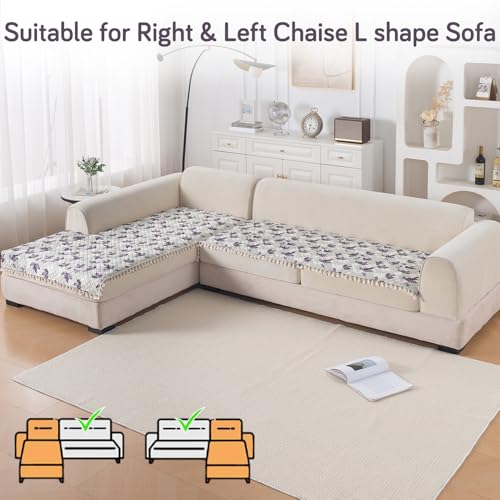 Image of HOKIPO Lavender Vine L Shape (3+2 Seater) Sofa Seat Mat with Tassel| Quilted Sofa Cover Mat, 'Tassel Twigs' Series (IN-984-T1 + IN-986-T1)