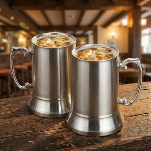Image of Goaste 2 Packs Tankard Style Beer Mugs, 20 OZ Double Walled Stainless Steel Beer Stein, Heat Insulated Coffee Mug Tumblers with Big Grip Handle for Hot or Cold Beverages, Milk, Tea, Bar Drinkaware