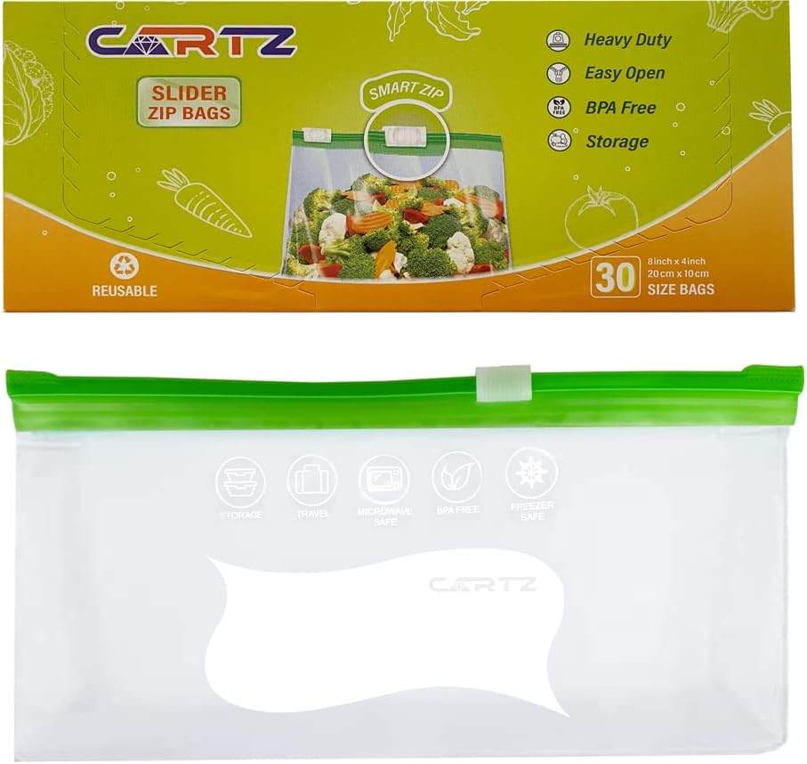CARTZ Heavy Duty Plastic Food Storage Bags - Eco-Friendly and Airtight Seal Slider Bags - Perfect for Storing Fruit Veggies, Meat, Milk, and Fish (30 Snacks)
