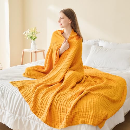 Image of EMME Muslin Blankets for Adults Throw Blanket for Couch Breathable Gauze Soft Lightweight Airy Mustard Yellow Throw 50 inch x 60 inch