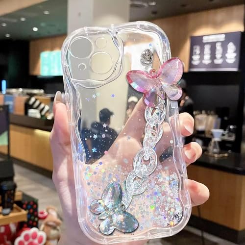 Image of KC Back Cover for Redmi Note 14 Pro 5G - Curly Wave Dry Fixed Glitter Crystal Butterfly Wrist Bracelet Shockproof Soft Silicone Camera Protection Case (Transparent)