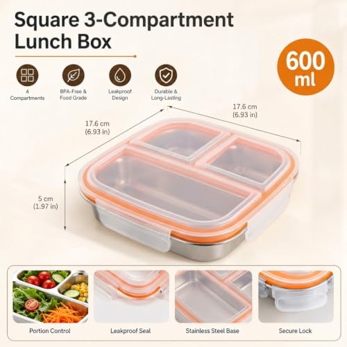 Image of Supvox Steel Tiffin Box for Kids, Snack Box for Kids with Airtight Seal | 3-Compartment Food Container, BPA Free Clear Lid, Portable Bento Box for School Office Travel, 600ml