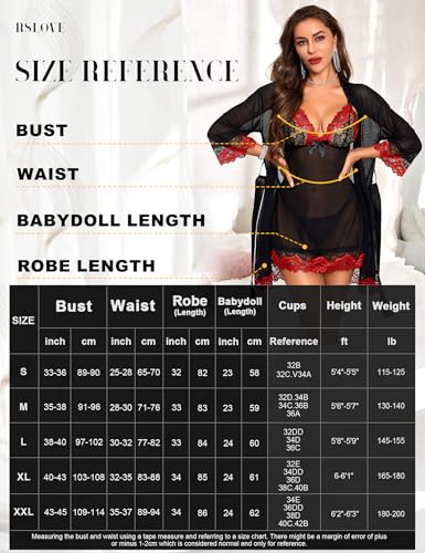 Image of RSLOVE Women Sexy Lingerie Set 3 Piece Babydoll & Lace Kimono Robe Strap Chemise Sleepwear Mesh Nightgown