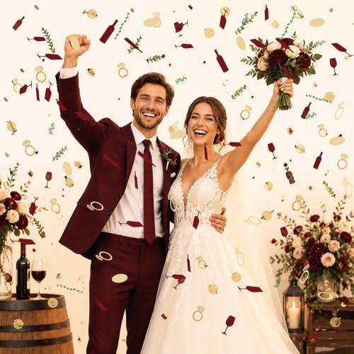 Image of BeYumi Wine Bachelorette Table Confetti - 300Pcs Vino Before Vows Confetti | Wine Glass Glitter Dots Diamond Ring Leaf Confetti Paper Decor Bridal Shower Wedding Engagement Party Decoration Supplies