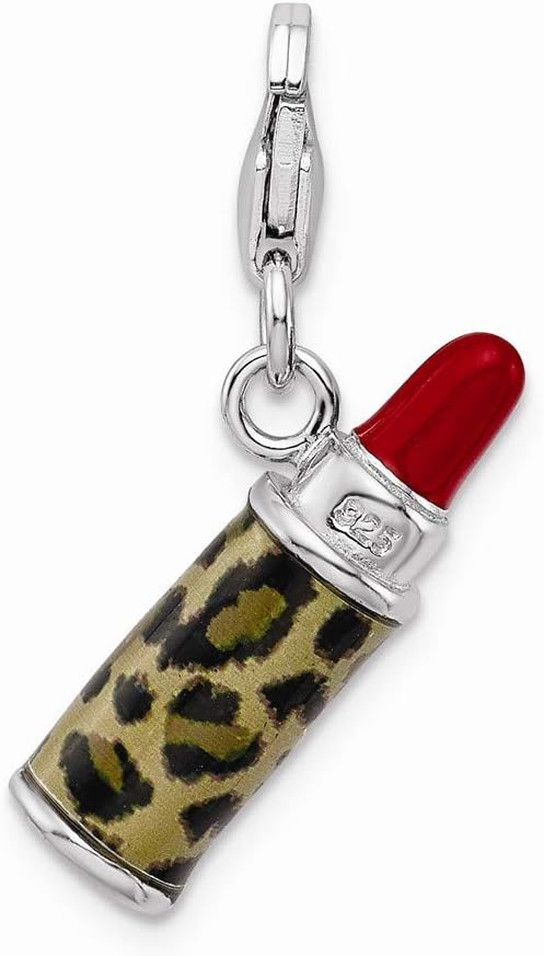 Solid 925 Sterling Silver Enameled 3-D Leopard Lipstick Lobster Clasp Charm (0.59 x 1.02 Inches)