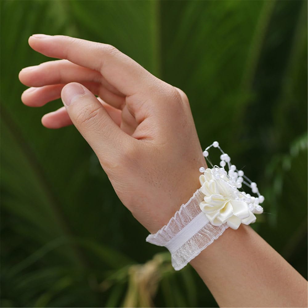 2 Fiori Da Polso Per Matrimonio In Raso Con Perle - Bracciale Floreale Per Sposa E Damigelle