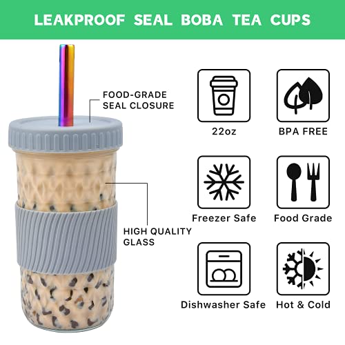 Reusable Boba Cup, 22Oz Bubble Tea Cups Wide Mouth Smoothie Cups With Lid Straws Brush, Leakproof Mason Jars Drinking Bottle Juicing Travel Mug Glass Tumbler For Large Pearl, Coffee (2 Pack) #TOP2