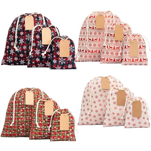 12 Pack Reusable Christmas gift bags - Fabric drawstring holiday
