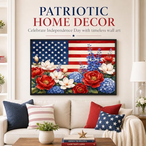 Image of American Flag Framed Canvas Wall Art, 4th of July Floral Canvas Prints, Wildflower Landscape Patriotic Decorations, Vintage Rustic Independence Day Wall Decor for Bedroom Living Room Office 12x16