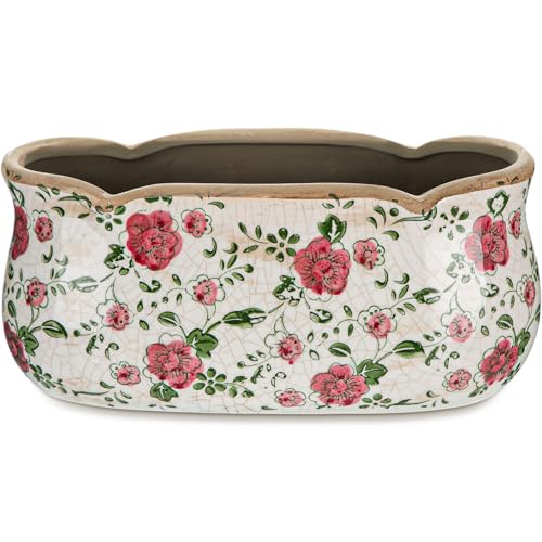 FoldTier 8.6" Large Vintage Ceramic Planter Ice Cracked Farmhouse Rectangle Pots with Drainage Hole Pots for Indoor Outdoor Plants Home Kitchen Windowsill Office Shelf Rustic Decor Gift(Rose)