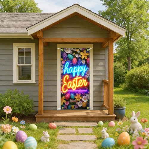 Image of Happy Easter Door Cover Neon Signs Style Bunny Eggs Banner Spring Front Door Decorations Home Party Outdoor Decor 35.4x71 Inch