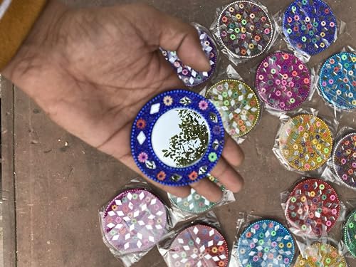 Image of Decorative Markup Mirror | Wood Multicolor Decorative Hand Mirror For Ladies, Makeup Mirror For Women (Pack Of 5Pc) (Multicolor) - Round