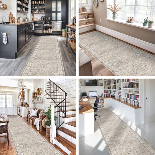Hallway Washable Runner Rug - 3x20 Kitchen Rugs Entryway Rug Long Runner Vintage Soft Floor Mat Non Slip Indoor Farmhouse Carpet for Bathroom Living Room Bedroom (3 X 20, Beige)