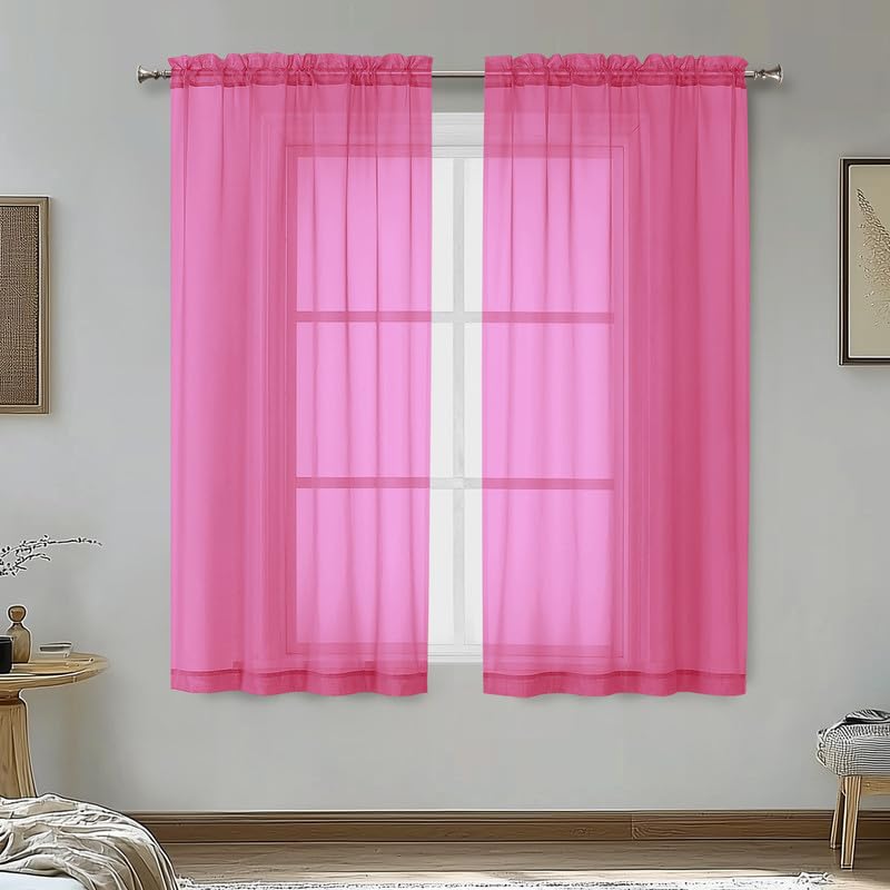 Image of OVZME Hot Pink Sheer Curtains 54 Inches Long 2 Panels - Soft Light Filtering Window Sheer Panels for Living Room /Bedroom, Top Dual Rod Pocket, 1 Pair, Each 42Wx54L Inches