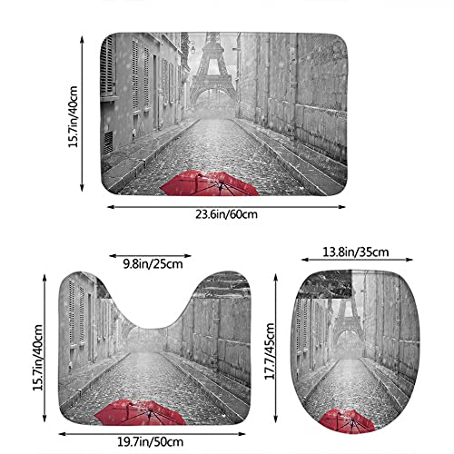 Roter Regenschirm Eiffelturm Badezimmer Antirutschmatte Paris Frankreich Rainy Street 3-teiliges Badezimmerteppich-Set… – Bild 5