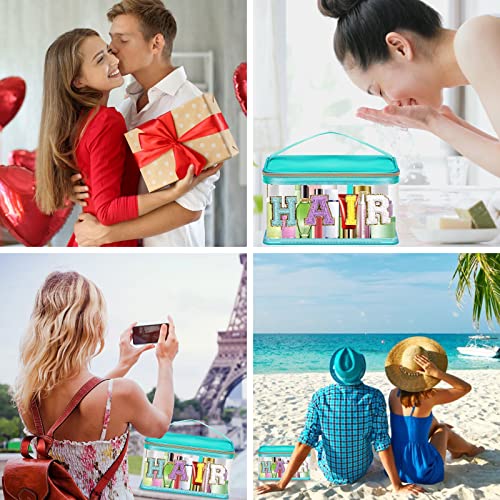 Iqimott Preppy Clear Makeup Cosmetic Bag For Women Travel, Nylon Pvc Chenille Glitter Letter Toiletry Storage Tote Bag, Transparent Waterproof Organizer Zipper Pouch With Handle(Hair, Green) #TOP5