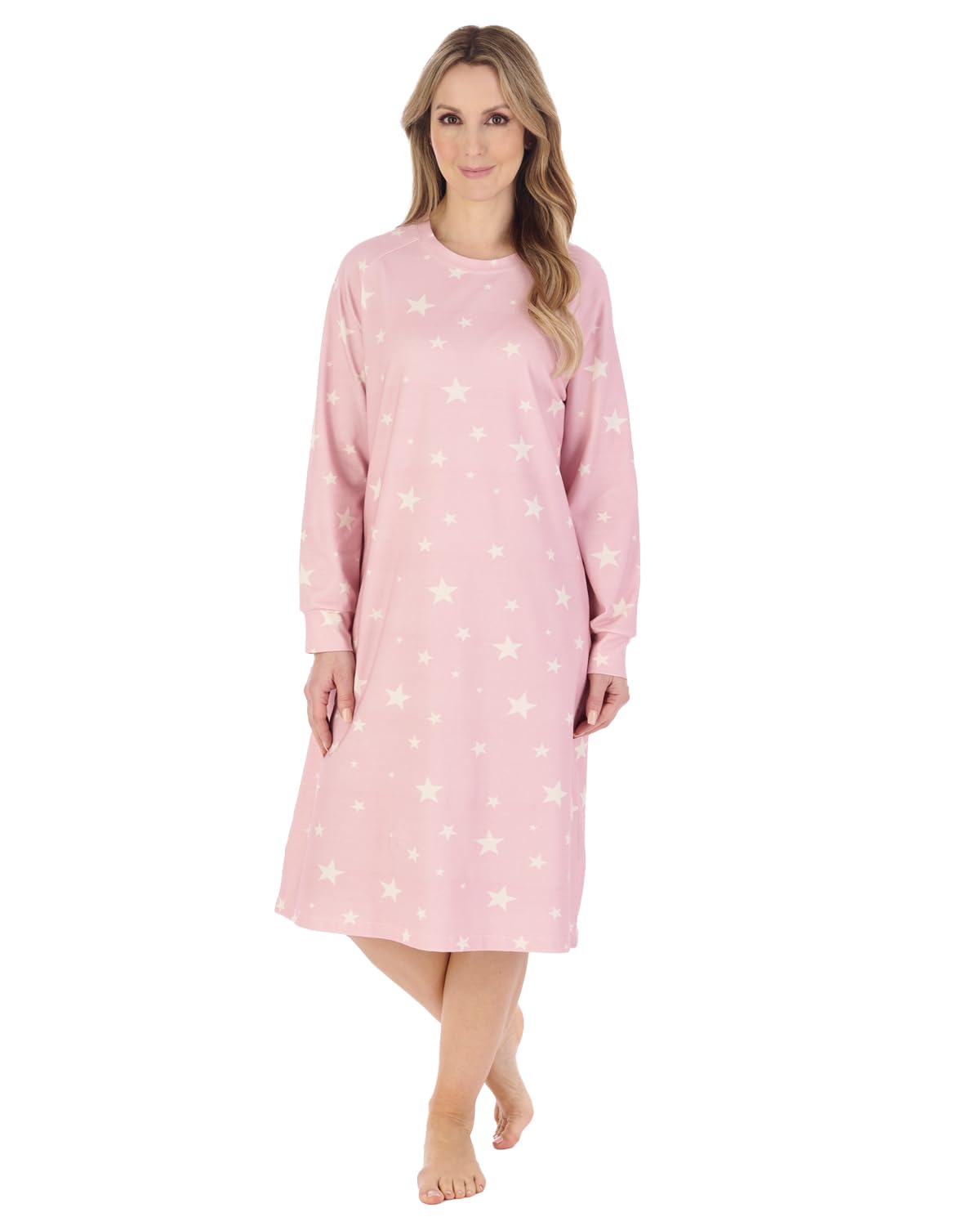 Slenderella Ladies Star Print Jersey Cotton Nightdress Long Raglan Sleeve Nightie UK 16/18 (Pink)
