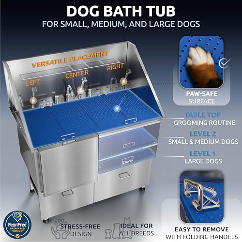 Image of KANIS Professional Dog Washing Station 304 Stainless Steel Pet Wash Sink & Grooming Bathtub w /Shower, Floor Grates and Storage for Large, Medium & Small Pets (Silver, 50 Inches, Left Ramp, 2 Drawers)
