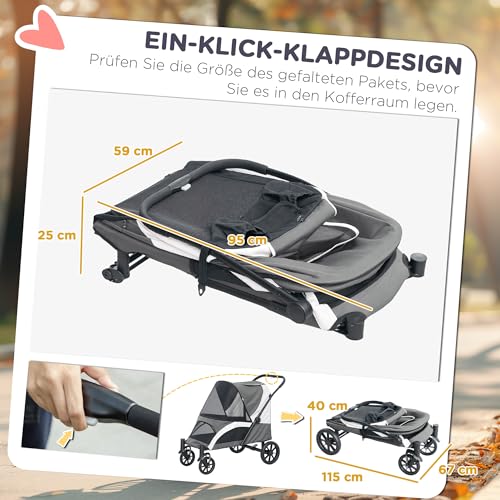PawHut Hundewagen Hundebuggy klappbar für große Hunde & Katzen bis 30 kg Katzenbuggy mit Kissen Netzfenstern Türen Aufbewahrungstasche Katzenwagen Buggy Dunkelgrau