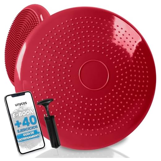 unycos - Cojín de Equilibrio【34 cm】con Bombín, Disco Propioceptivo, Antideslizante y Terapéutico que Resiste 150 kg, Soporte Lumbar para Yoga, Pilates, Fitness y Rehabilitación (Rojo; Basic)