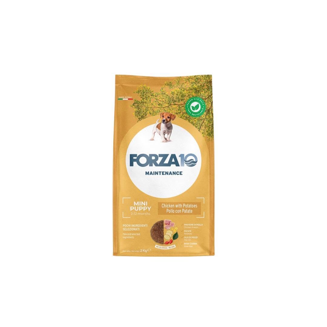 Forza 10 Perro Mini Puppy Mono sabor pollo con patatas, alimento completo monoproteico para perros cachorros de talla pequeña, paquete de 2 kg.