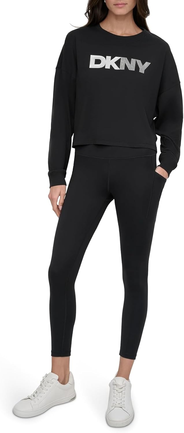 DKNY Women's Foil Rhinestone Logo Long Sleeve Crewneck T-Shirt