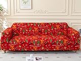 Yiran Red Green Brown Sofa Cover Slipcover Christmas Deer Christmas Tree Furniture Protector Couch Cover with Elastic Bottom 3 Seater (74-90 inch)
