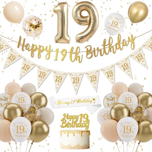 Decoration Anniversaire 19 Ans Fille, Blanc Or Ballon 19 ans Femme, Confettis Latex Ballons Bannière Joyeux Anniversaire
