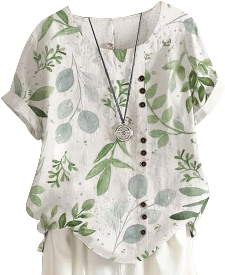 Cotton Linen Shirts Women Crew Neck Short Sleeve Floral Printed Linen Tunic Tee Shirts Tops Blouse