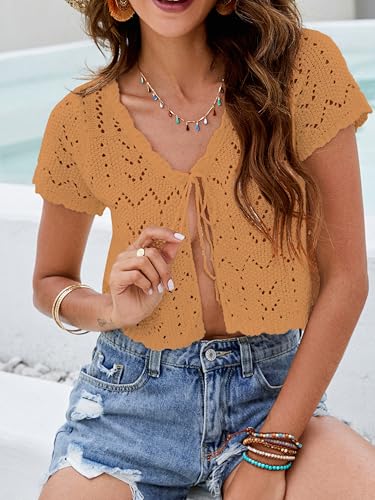 Image of Crochet Cardigans For Women Spring Summer Beach Short Sleeve Shrug Cropped Boho Lightweight Sweater Cover Up Tie Front Tops