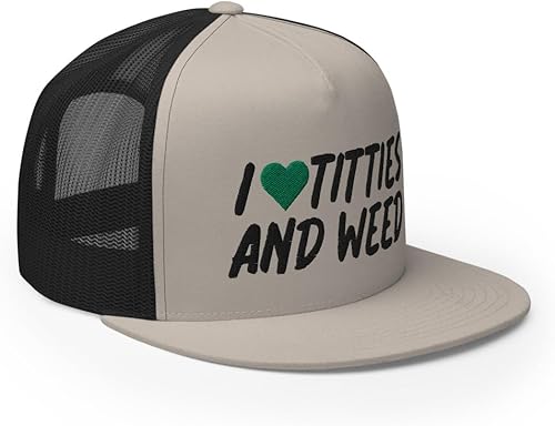Miniatura 4 de I Love Titties and Weed - Gorro de camionero bordado de primera calidad, regalo de broma, broma plana, corona alta, divertida gorra ajustable