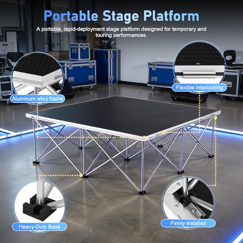 Image of 4x4ft Heavy Duty Portable Stage Platform, 1540 lbs /sqft Capacity Modular Event Stage | with 16.9 inch Centipede Riser, Non-Slip Aluminum Surface, Tool-Free Assembly for DJ Concerts Weddings School Events