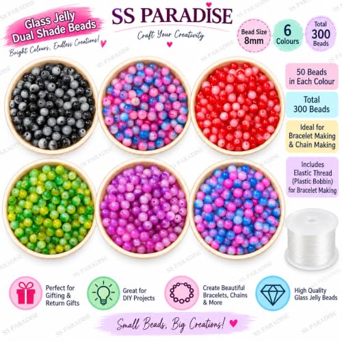 Image of SS Paradise 8mm Glass Jelly Dual Shade Beads (6 Colors 300 Pieces) for Jewellery Making | Round Loose Beads Strands for Necklace, (Set 4) Colour Subject to Availability !