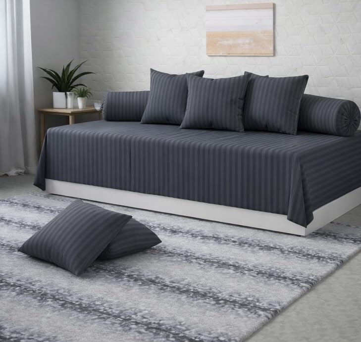 Premium Satin Fabric Stripes Patter Diwan Blend Set of 8 Pcs One Single Bed Sheet with 5 Cushions Covers and 2 Bolster Covers (Dark Grey, Diwan Blend Set)-image-46