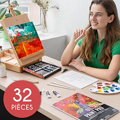 Coffret Peinture à l’Huile Artiste avec Boite Chevalet - 24 Tubes de Peinture à l’Huile,10 Pinceaux,1 Couteau pour Peinture,3 Toiles,Bloc de Peinture et 1 Palette-Cadeau - Image 4