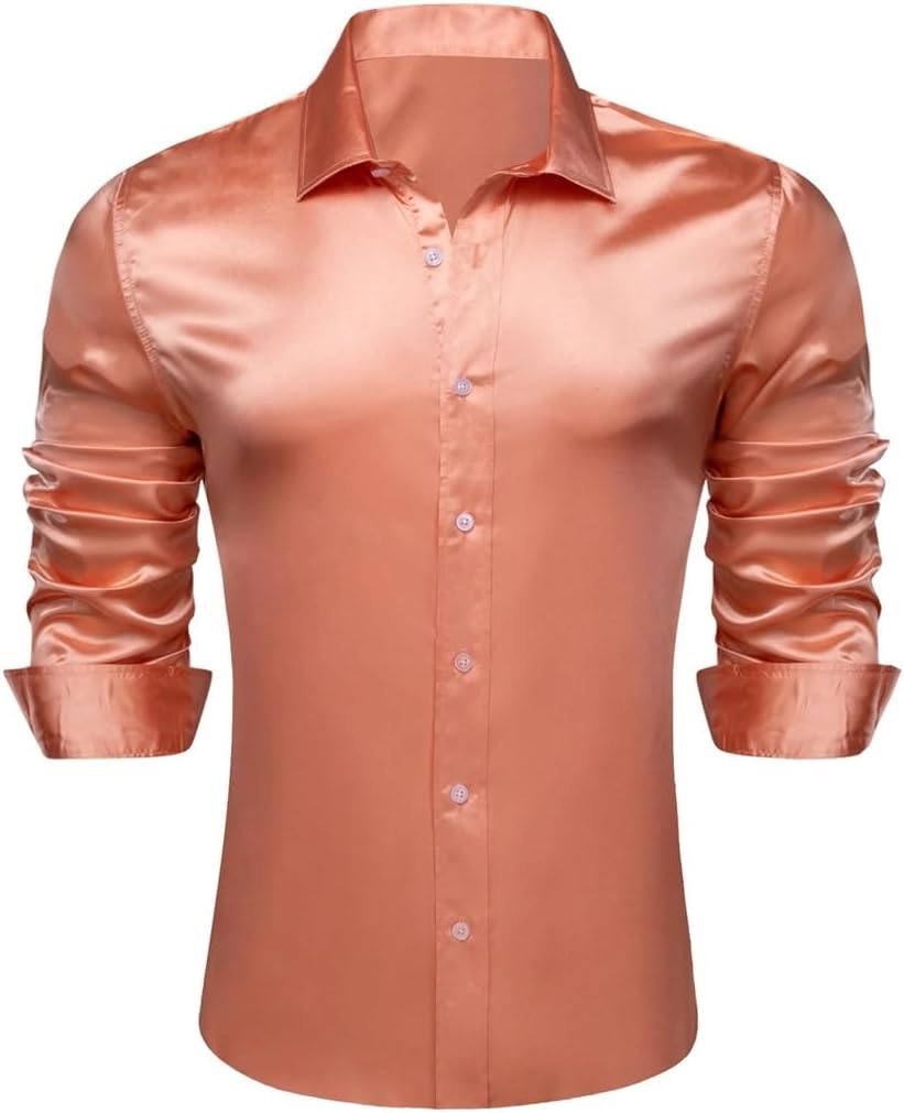 Slim Fit Male Blouses Tops Mens Shirts Silk Mercerized Satin Coral Long Sleeve Casual Business