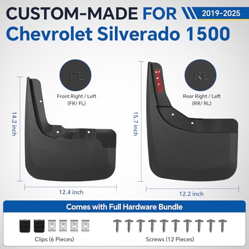 Image of Mud Flaps for 2025 2024 2023 2022 2021 2020 2019 Chevy Silverado 1500 Accessories Heavy Duty Front & Rear Mud Splash Guards (NOT FITS ZR2, LT Trail Boss, Custom Trail Boss), Non-Drilling