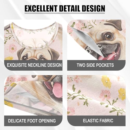 ALAZA Pug Dog Flower Cartoon Pajamas Set Short Sleeve Cotton Sleepwear Summer Pjs 2 Piece 5-14Y4