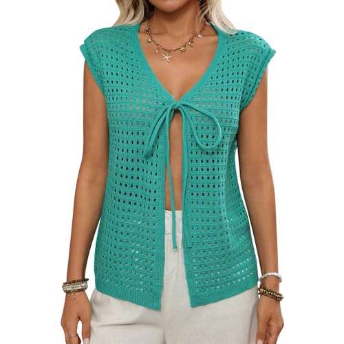 Wowcarbazole Womens Crochet Shrug Sweater Tie Front Knit Short Sleeve Cropped Lightweight Top Cardigan Sweaters Cover Up