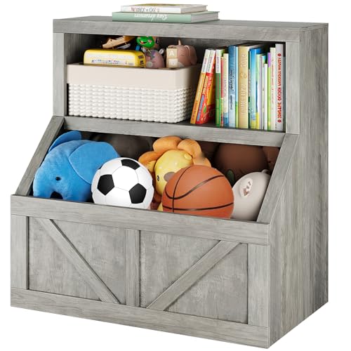 GarveeHome Kids Bookshelf and Toy Storage, 2 Tier Toy Organizer with Storage Cabinet, Toddler 2 Shelf Bookcase for Playroom, Bedroom, Living Room, Classroom, Grey