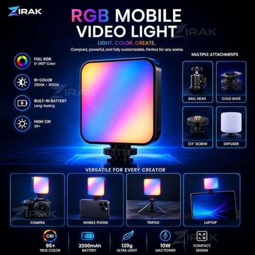 Image of RGB Video Light with Mobile Clip Mount, Rechargeable LED Camera Fill Light for Photography, Vlogging, YouTube, Live Streaming & Makeup, Adjustable Brightness Pocket Light