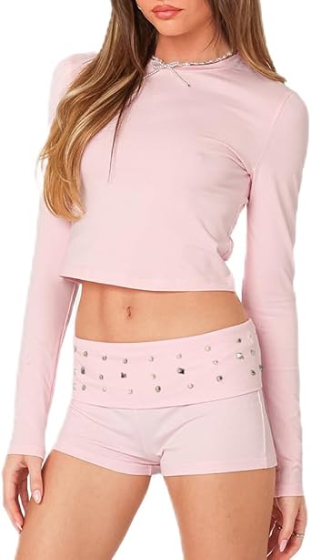 Women Studded Fold Over Mini Shorts Y2K Low Rise Slim Fit Micro Shorts Punk Summer Trendy Going Out Skinny Bottoms