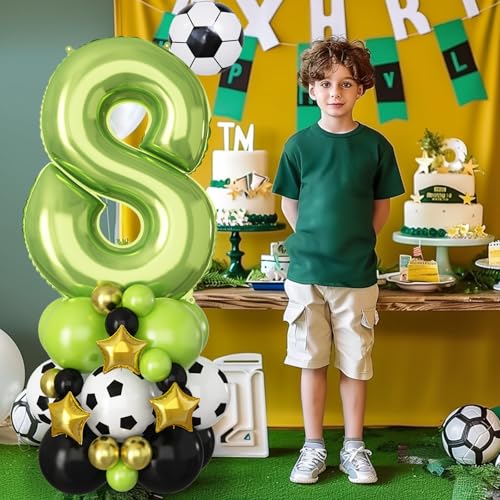 Image of Green Number 8 Balloon Soccer 40 Inch Number Eight Foil Balloons Tower Set for Boys 8th Birthday Party Decorations Giant Large Digital Aluminum Balloons Stack for Football Lover World Sports Game