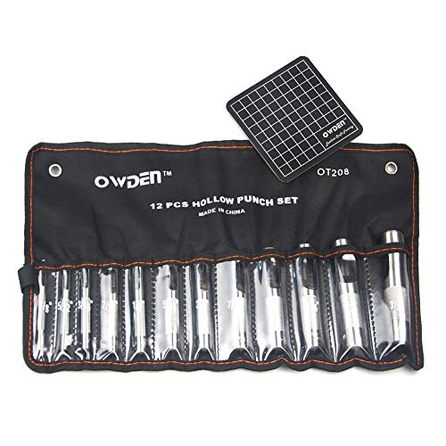 Image of OWDEN 12Piece Leather Hole Punch Set with a Free Cutting mat,Leather Tool,Hollow Punch Set, Round Hole Punch Set,for Cutting of Soft Material