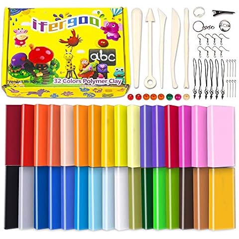 iFergoo 32 Color Polymer Clay Starter Kit, 20g/Block Multicolor Modeling Clay Soft and Nontoxic Oven Bake Clay Kit with Sculpting Tools, Children Boys Girls Toys Cover